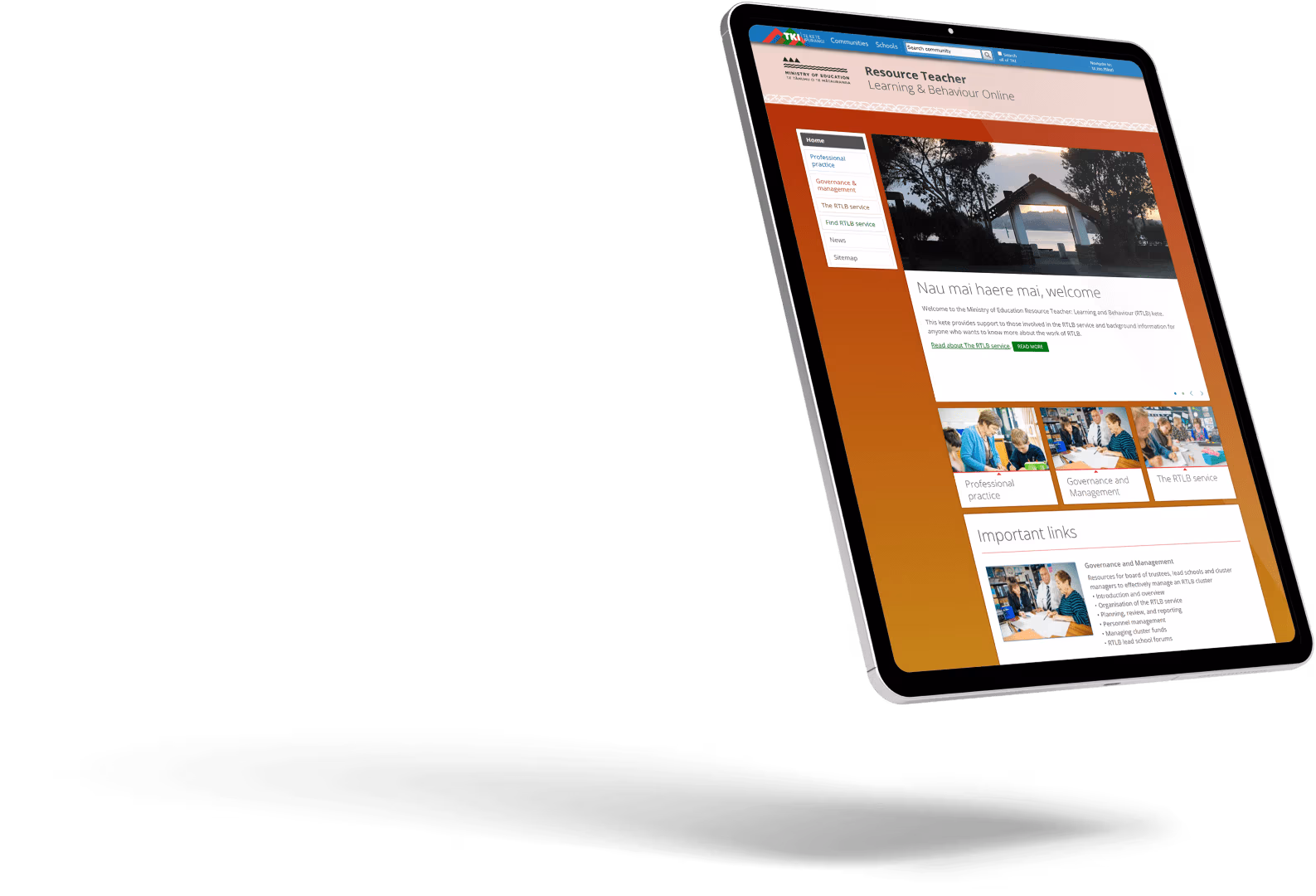 Tablet image showing Ministry of Education Resource Teacher: Learning and Behaviour website